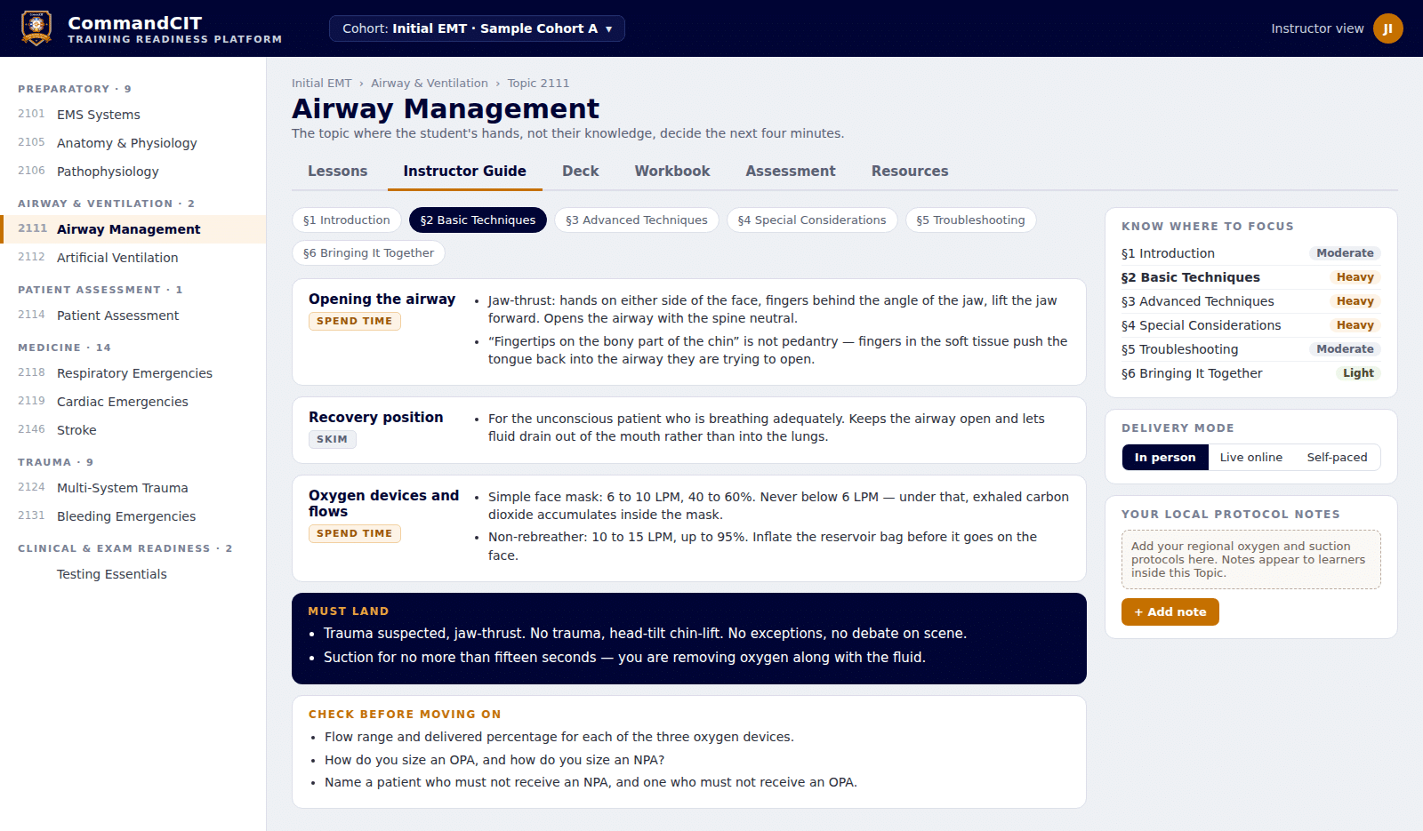 Instructor view panel for adding local protocol notes inside a Topic
